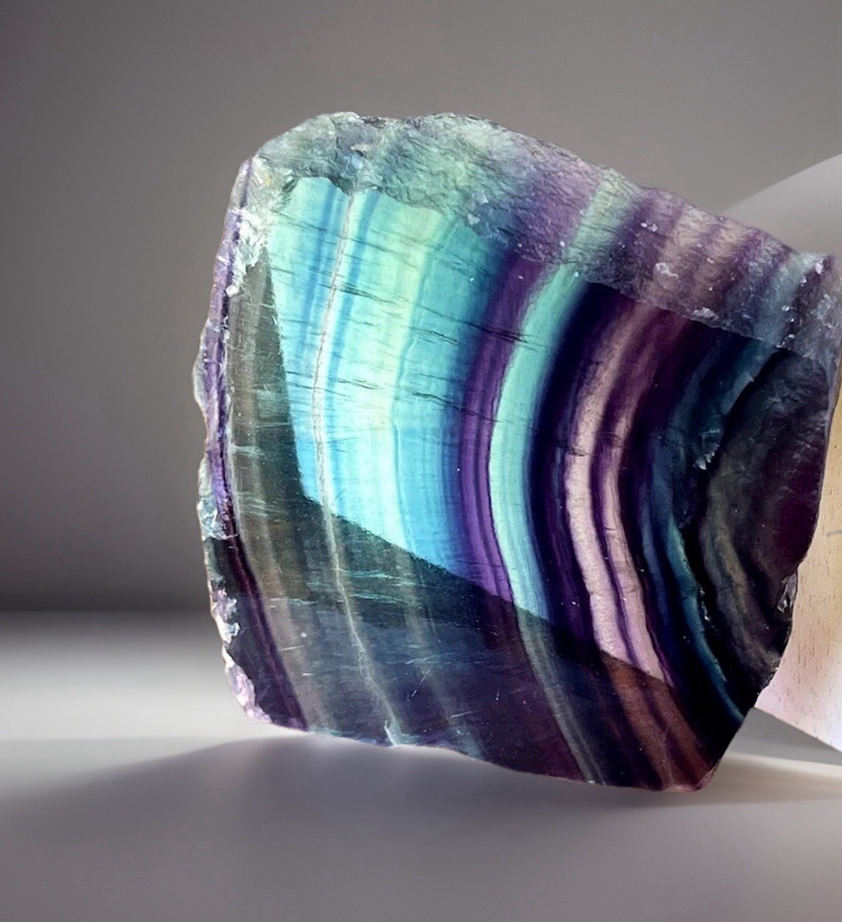 Natural Fluorite Slab with Blue Purple Stripes Raw Edge Polished Crystal