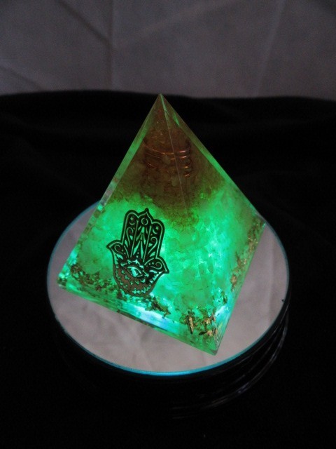 Orgone Pyramid Yellow, Gold, Copper Pyramid w/multi-color lighted black base