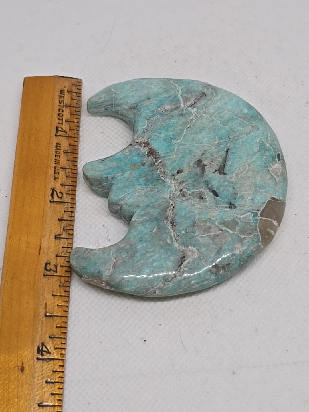 Amazonite Hand Carved Moon With Face Polished Double Sided
