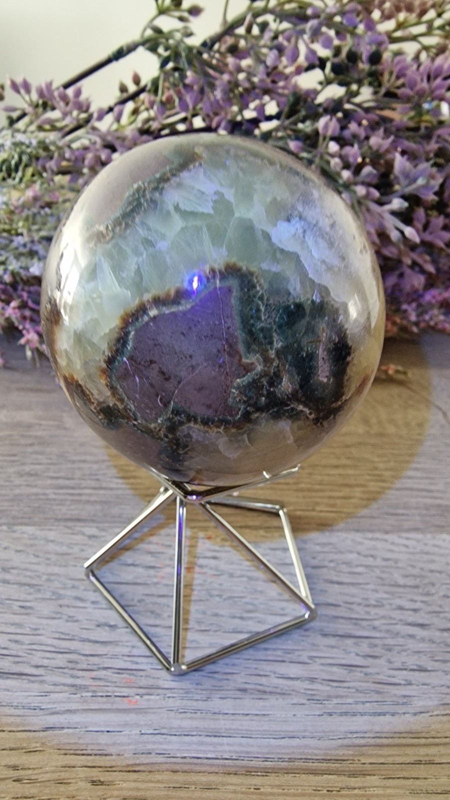 Septarian Dragon Crystal Sphere With UV Reaction 60mm 313g Free Stand