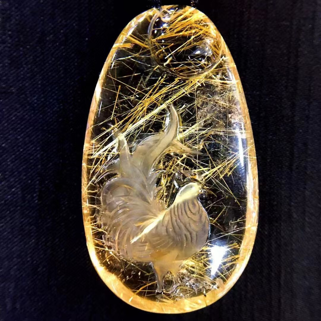 35.3g Natural Gold Rutilated quartz carved Crystal Rooster Pendant reiki healing