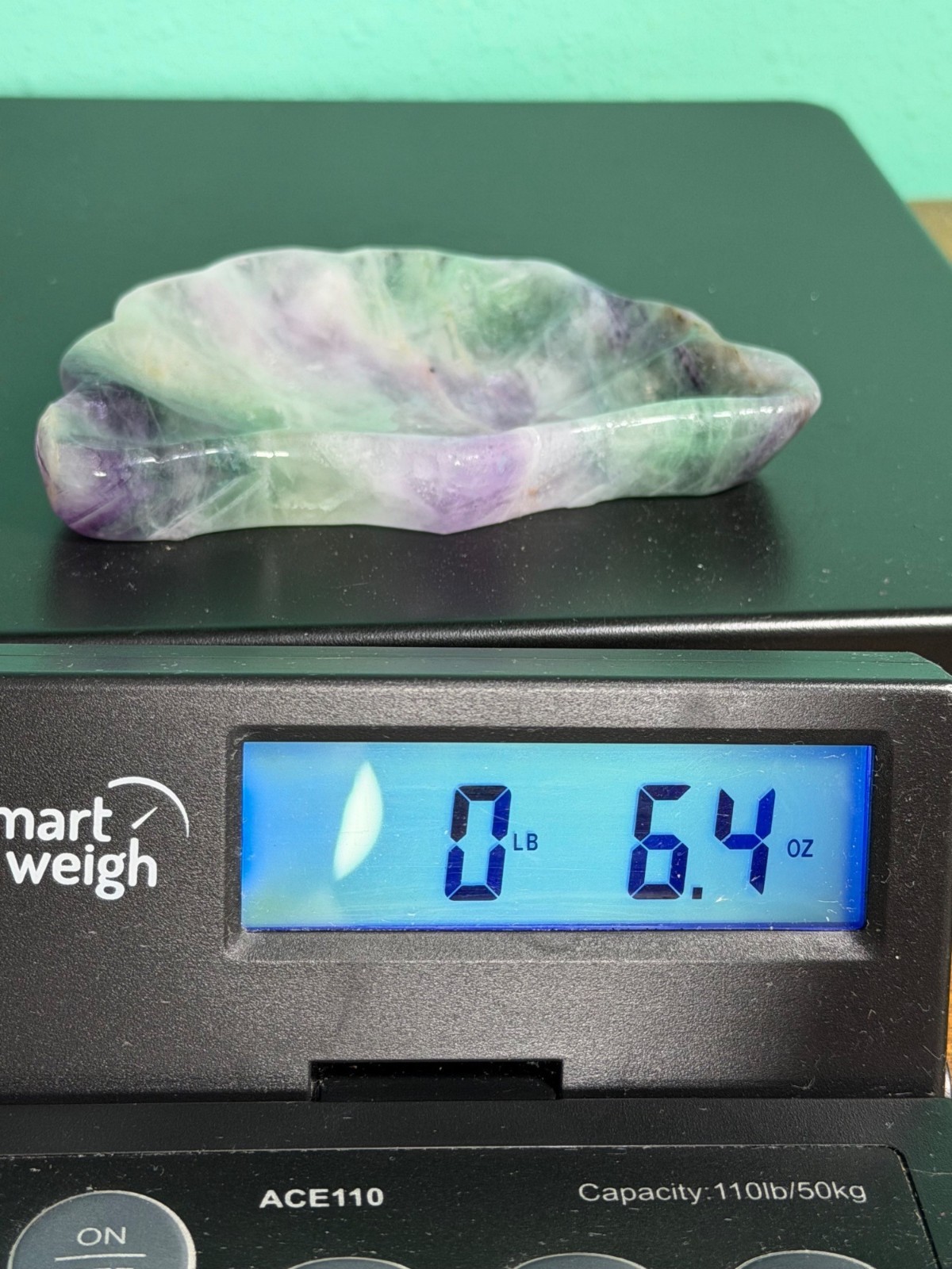 Natural Fluorite Shell Dish Bowl Hand Carved Stone Healing Crystal UVs 182g 4″