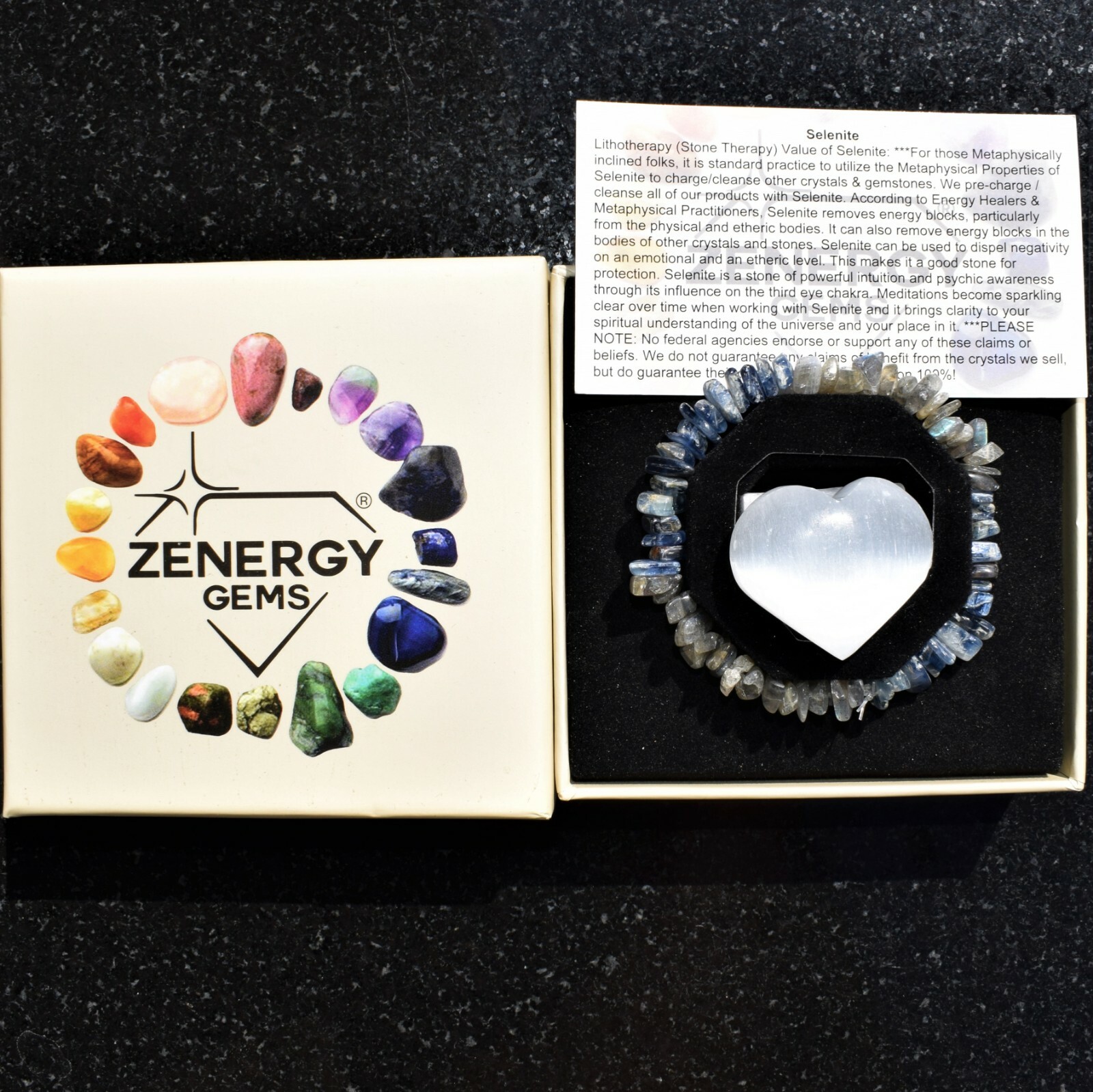 CHARGED Blue Kyanite Labradorite Crystal Chip Stretchy Bracelet + Selenite Heart