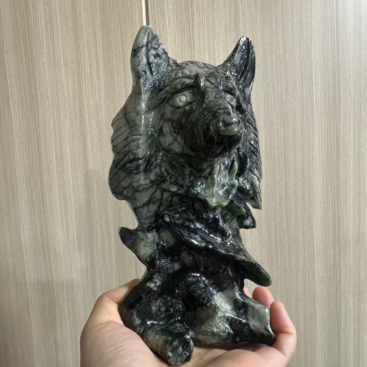 1pc Natural jade quartz carved wolf head crystal skull healing deocr