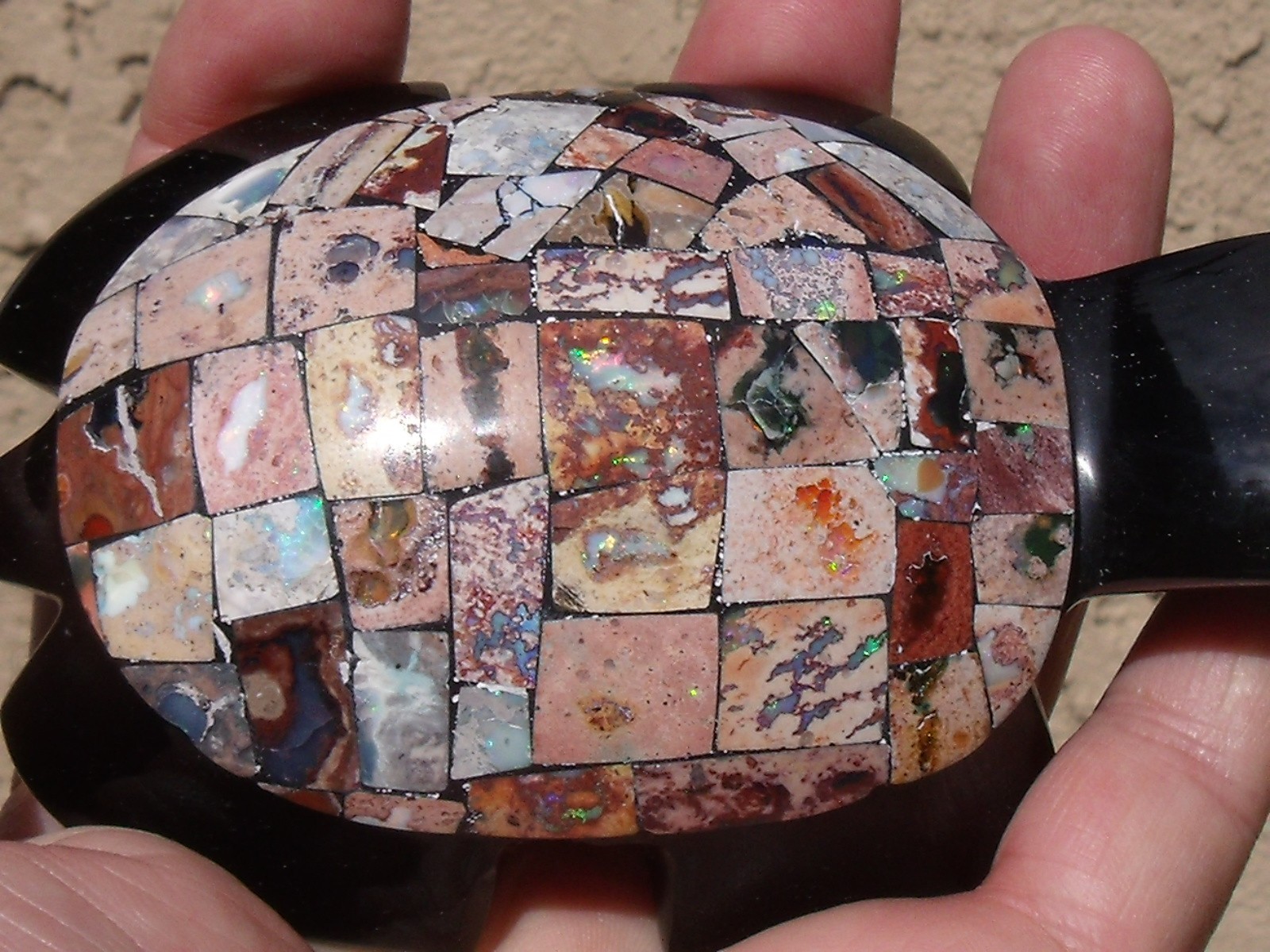 1,580 CTS Black Obsidian Turtle with a Mosaic shell of Cantera Fire Opal Inlay