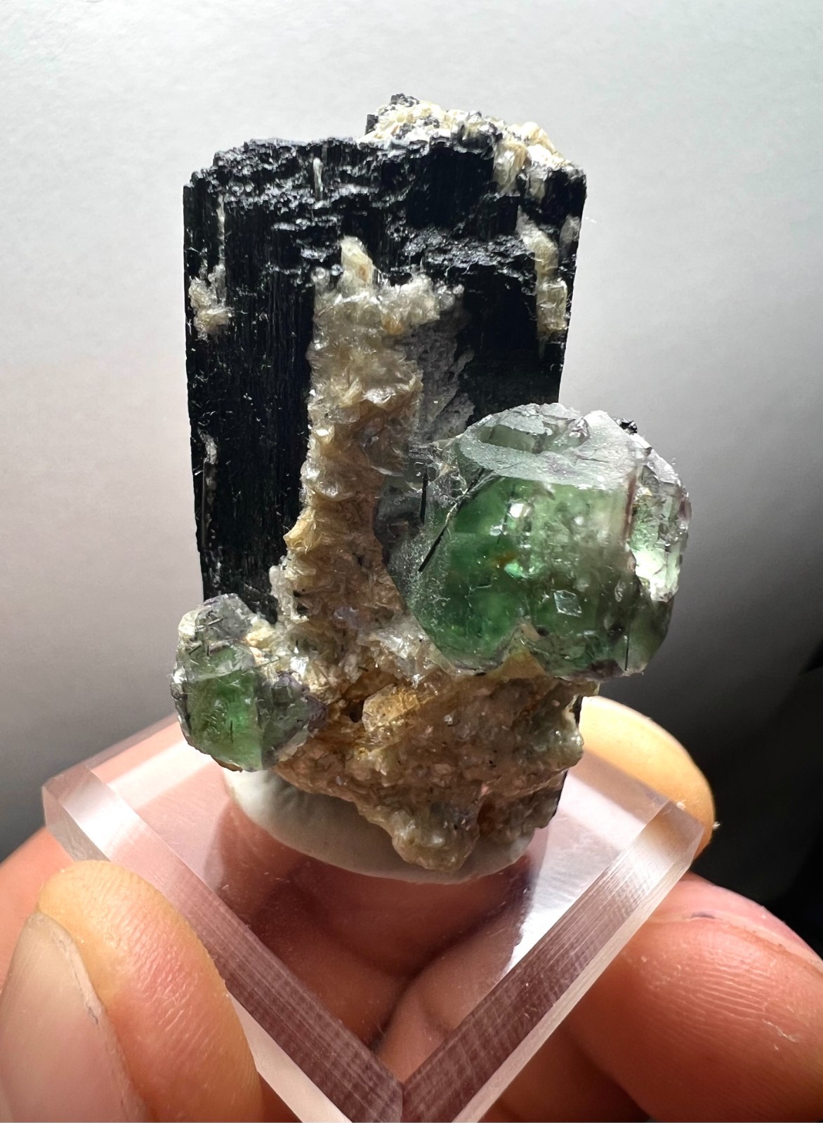 Green Fluorite on Schorl Tourmaline Crystal w/Mica, Beryl- 33g – Erongo, Namibia