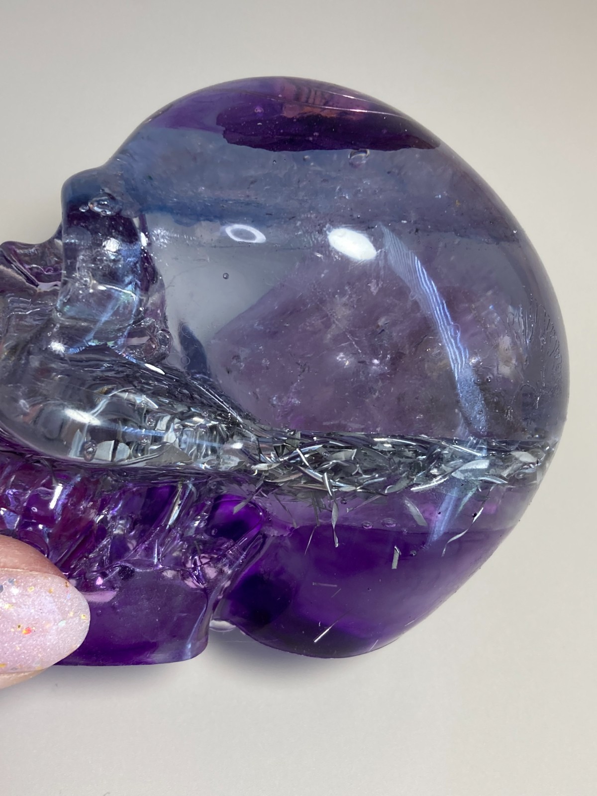 Amethyst Orgonite Crown Chakra Skull about 4 inch nearly 14 oz Made in USA