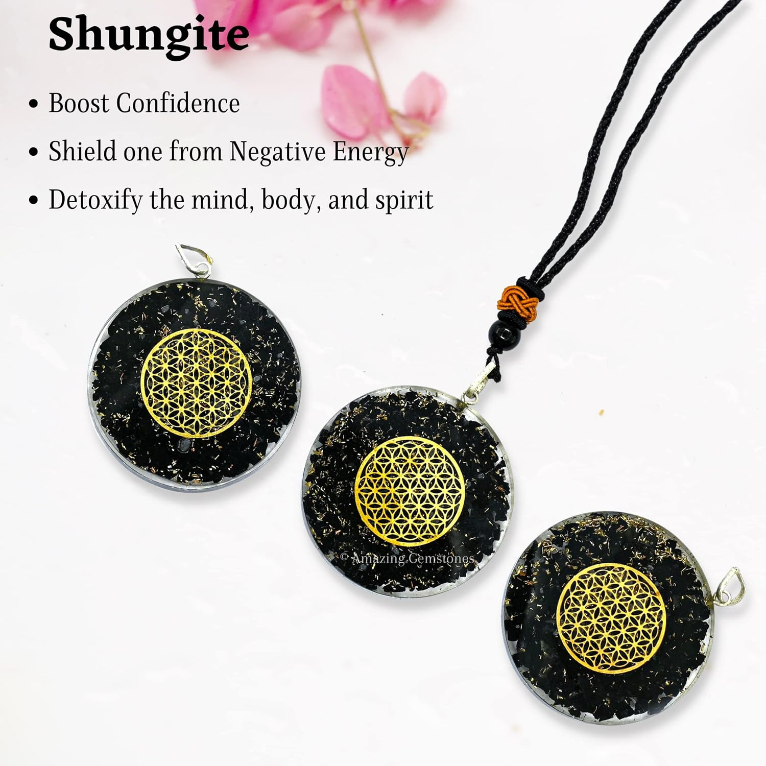 Shungite Round Orgonite Pendant Necklace for Protection – Powerful Orgone Pendan