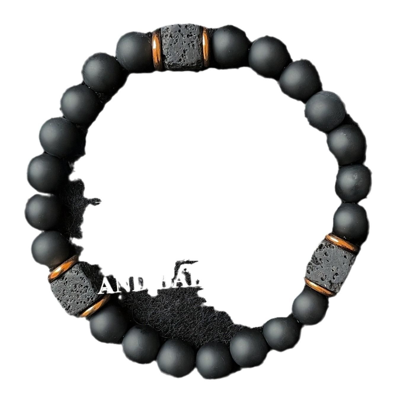 Mens Volcanic Stone Bracelet Black Agate Elastic Magnetic Therapy Jewelry