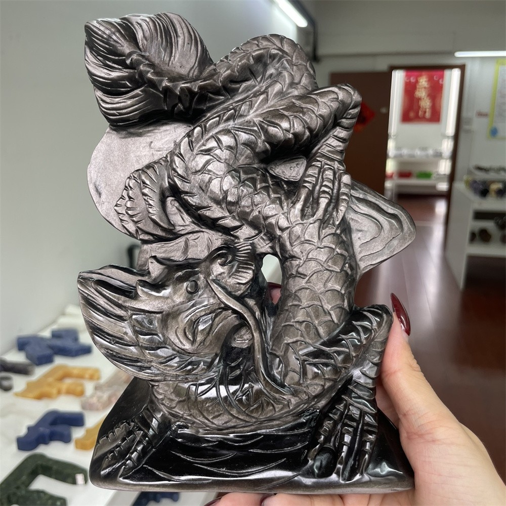 3LB 8″ Natural Silver Obsidian Dragon Carved Crystal Quartz Mineral Statue