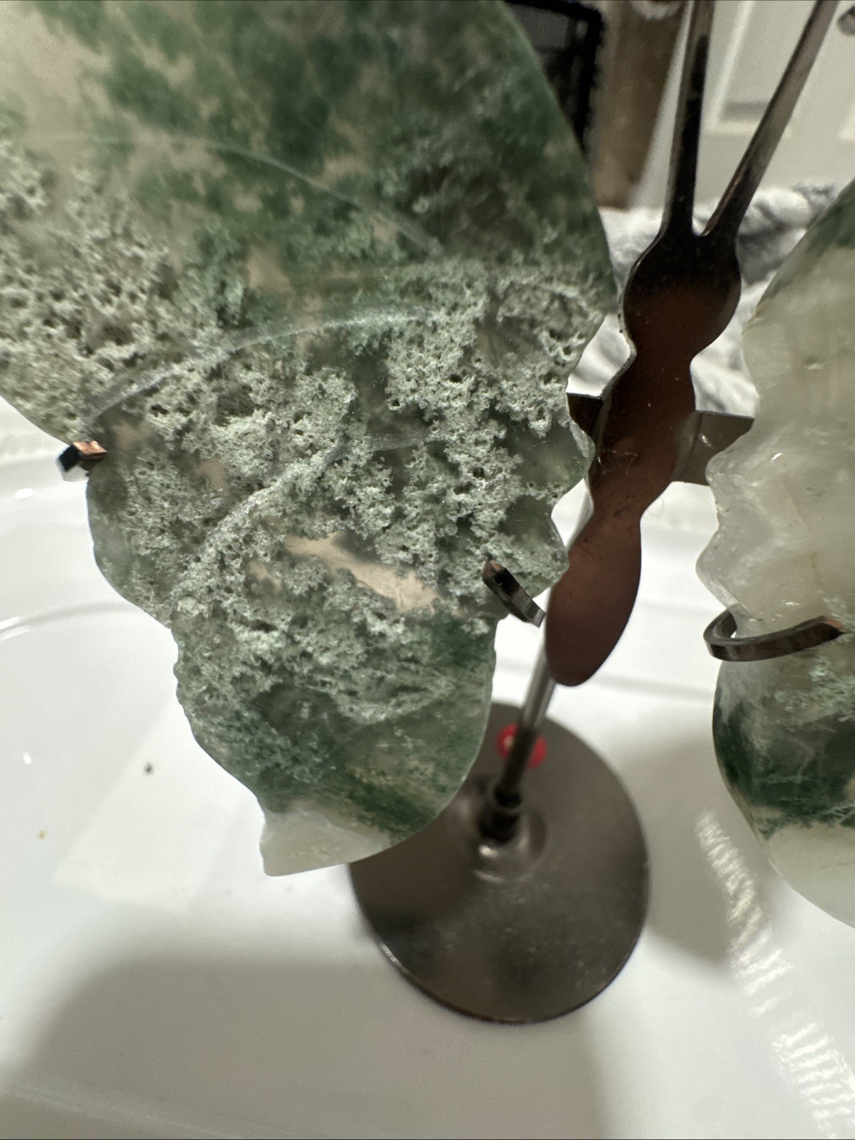 Moss Agate Butterfly Wings With Stand. 4.5 Inches In Width And 5 Inches Tall