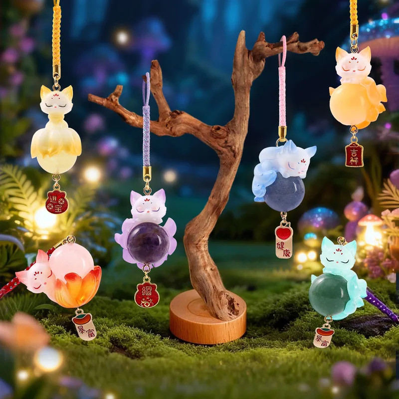 Cute Chinese Style Nine-Tailed Fox Resin Crystal Pendant Good Luck Car Decor Mys