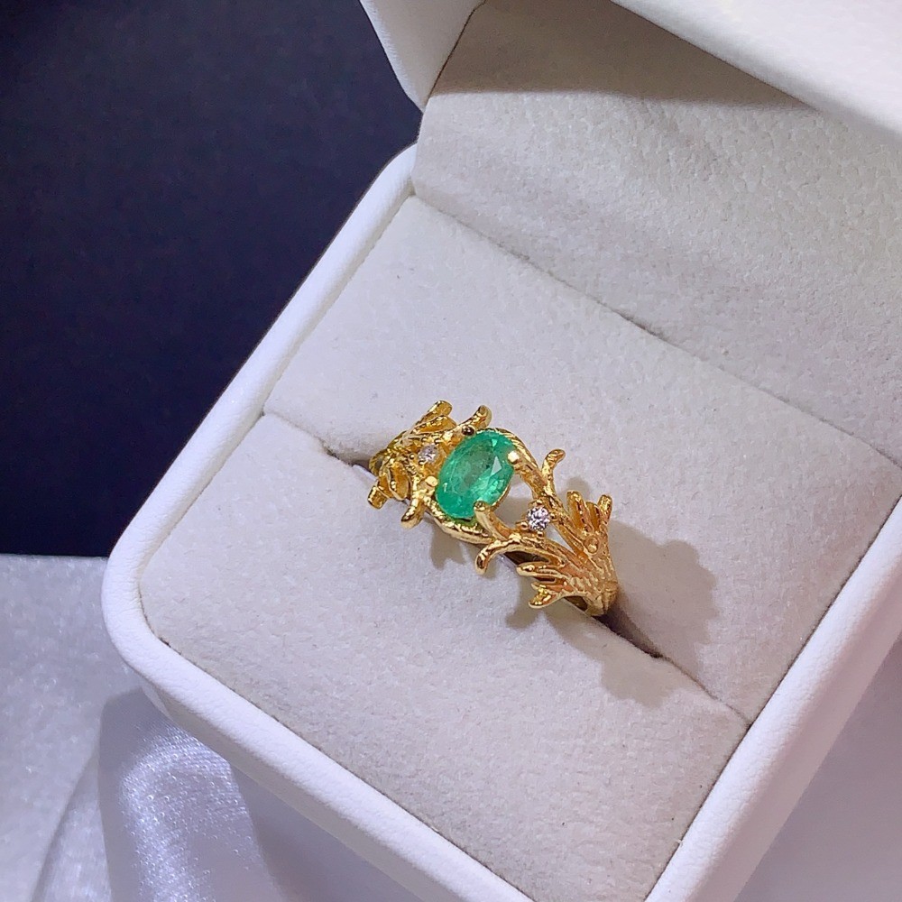 Natural Emerald open Adjustable ring Gemstone S925 Silver Plated 18K Gold Gift