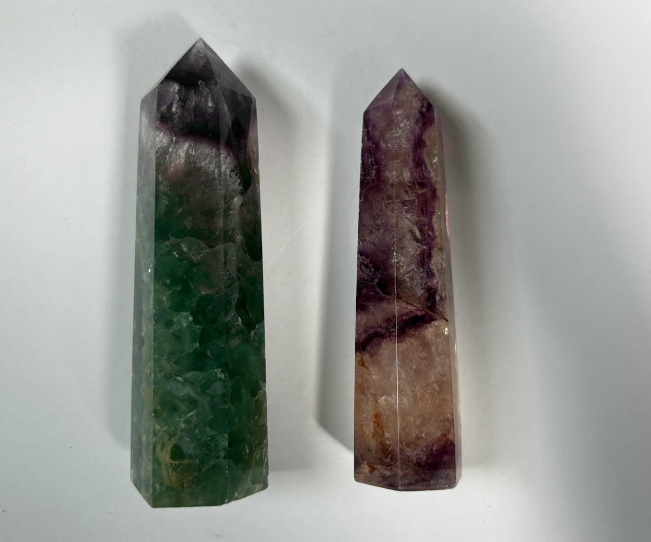 2 Piece Set Fluorite Crystal Towers Purple Green Yellow Natural Carving