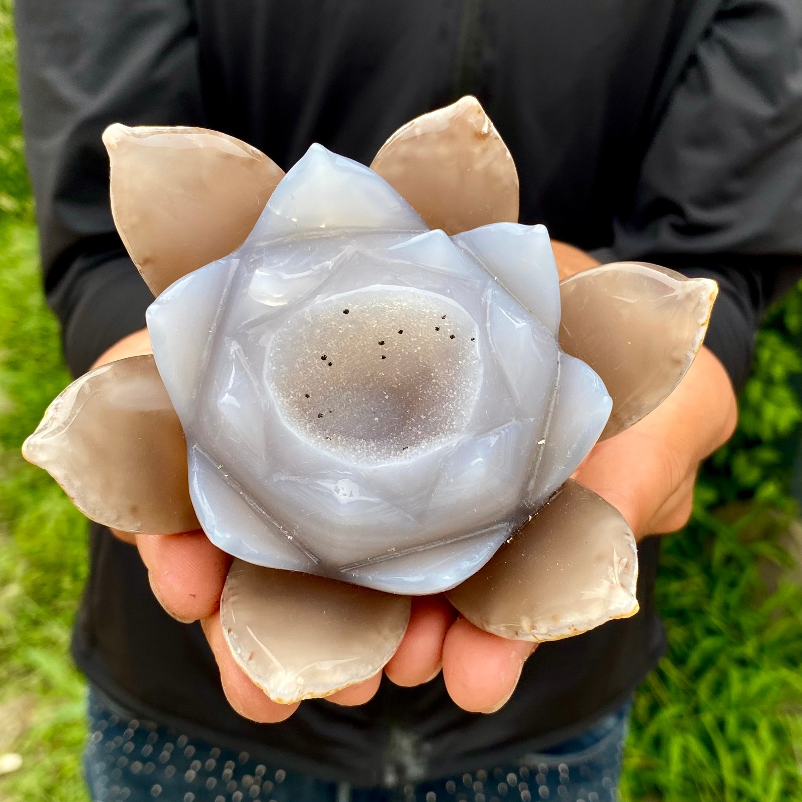 441G Natural Agate Geode Carved Lotus Flower, Hand Carved Healing Crystal Hom