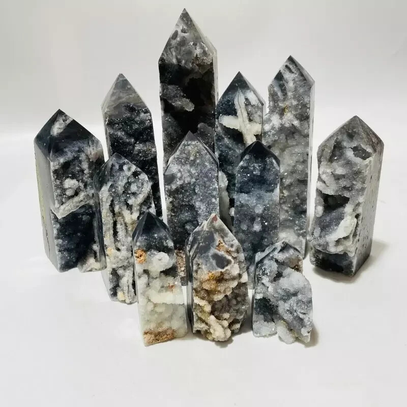 Natural Black Sphalerite Tower Point Obelisk Druzy Geode Healing Crystal Quart