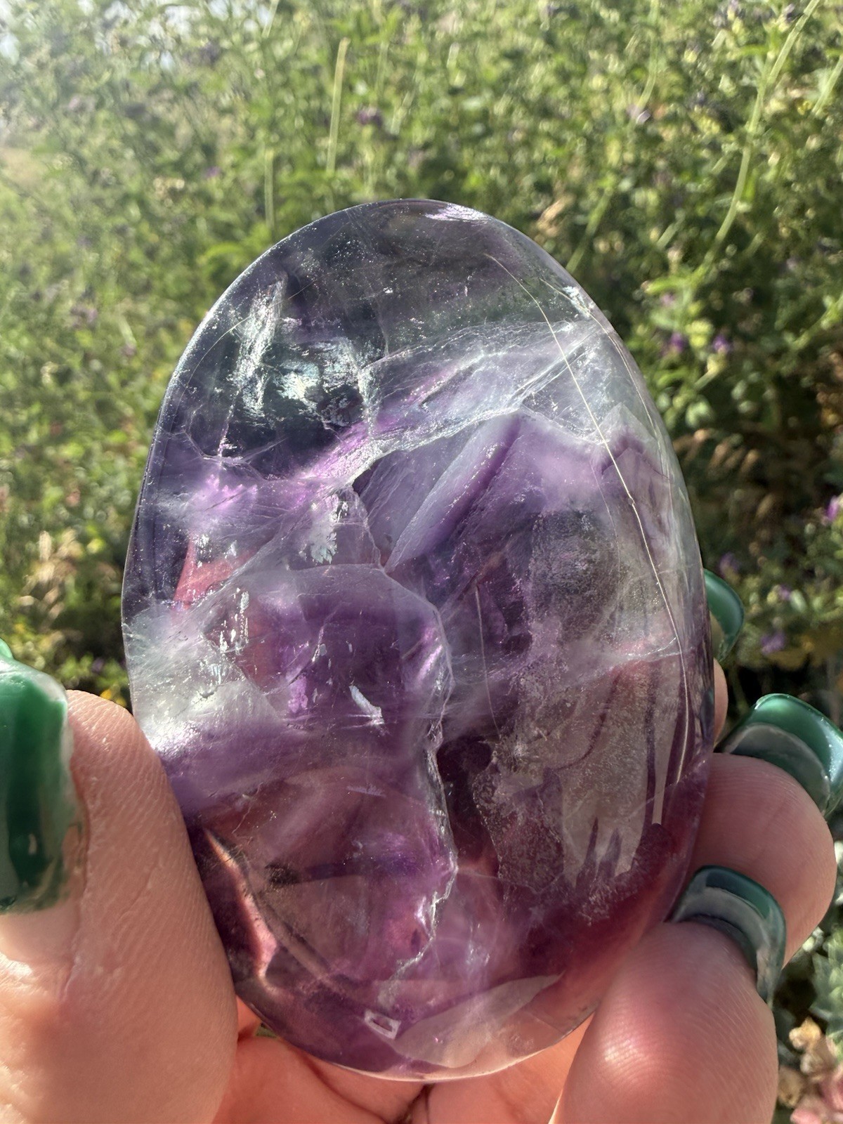 Natural Rainbow Fluorite Palm Stone Polished Crystal Purple Green Healing Stone