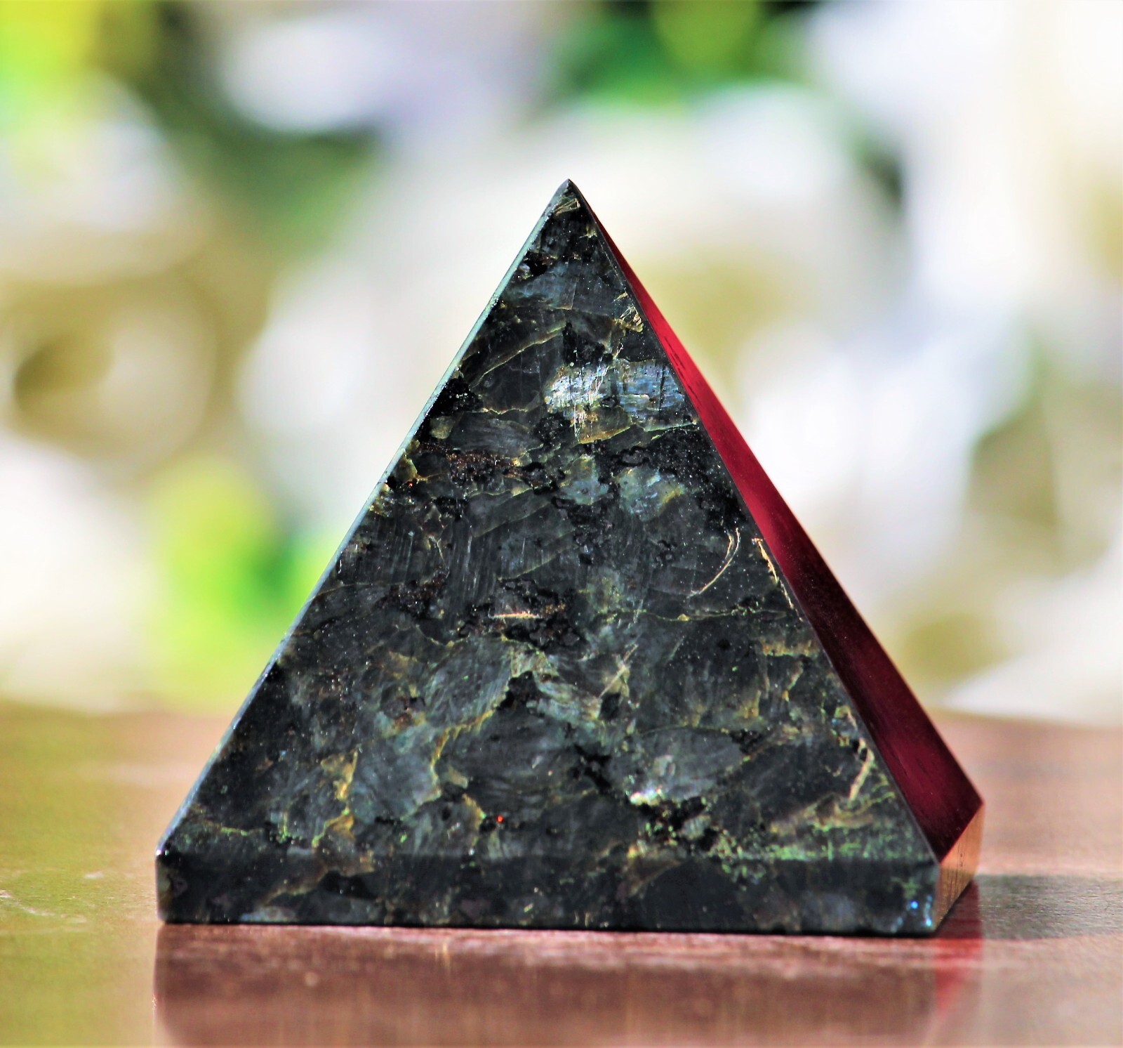 Large 70MM Black Larvikite Flash Crystal Healing Meditation Metaphysical Pyramid