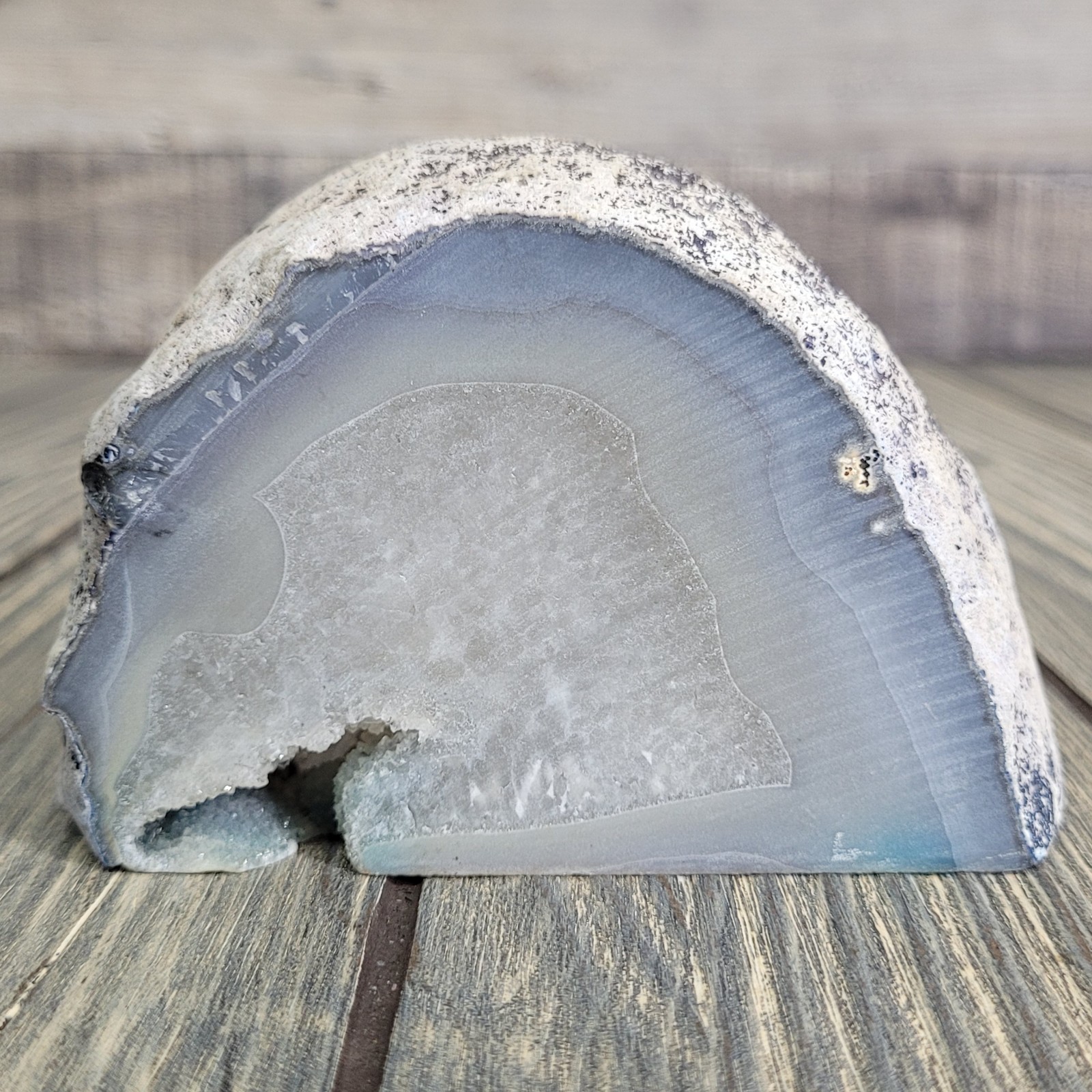 Agate Geode w/Quartz Cave Druzy 13.5oz Blue Natural Brazil 4″ Cut Base Standing