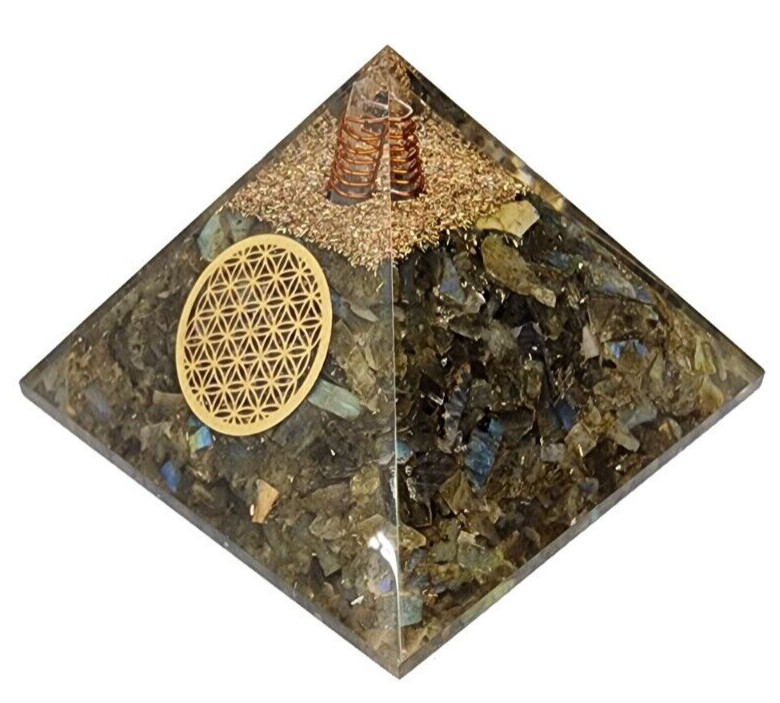 Labradorite Orgone Pyramid – Tree of Life Decal – Copper Coil & Bits – Healing