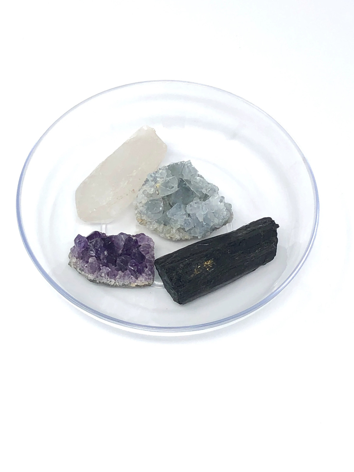 7-Chakra Crystal Set, Raw and Polished Stones, Selenite Satinspar Plate