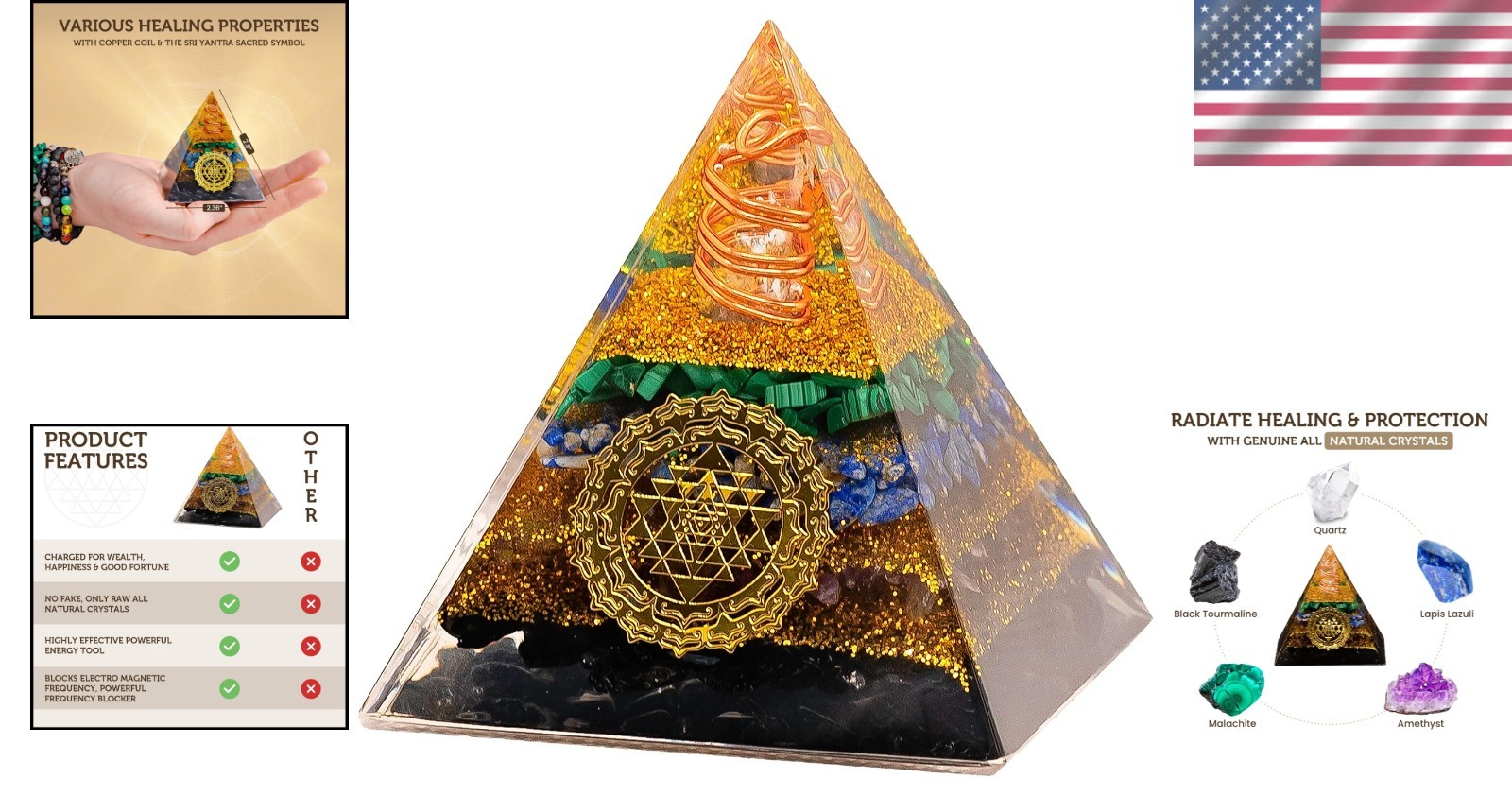 Orgone Pyramid 2.4 Inch Malachite Lapis Lazuli Amethyst Wealth Happiness Fortune