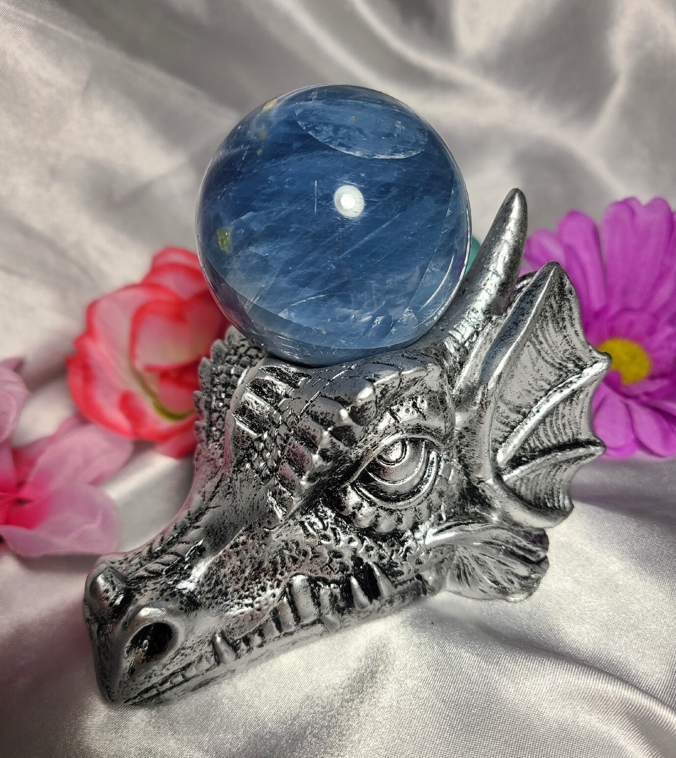 5″ Detailed Silver Dragon Head Skull Sphere Stand Crystal Ball Orb Holder Statue