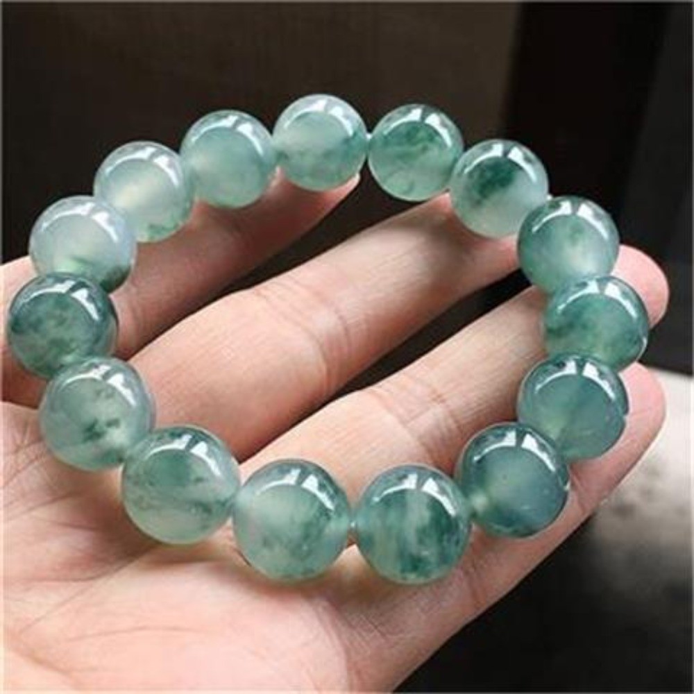 Dulong Jade Bracelet Ice Type 12mm Blue Green Beads Chinese Style for Men Women