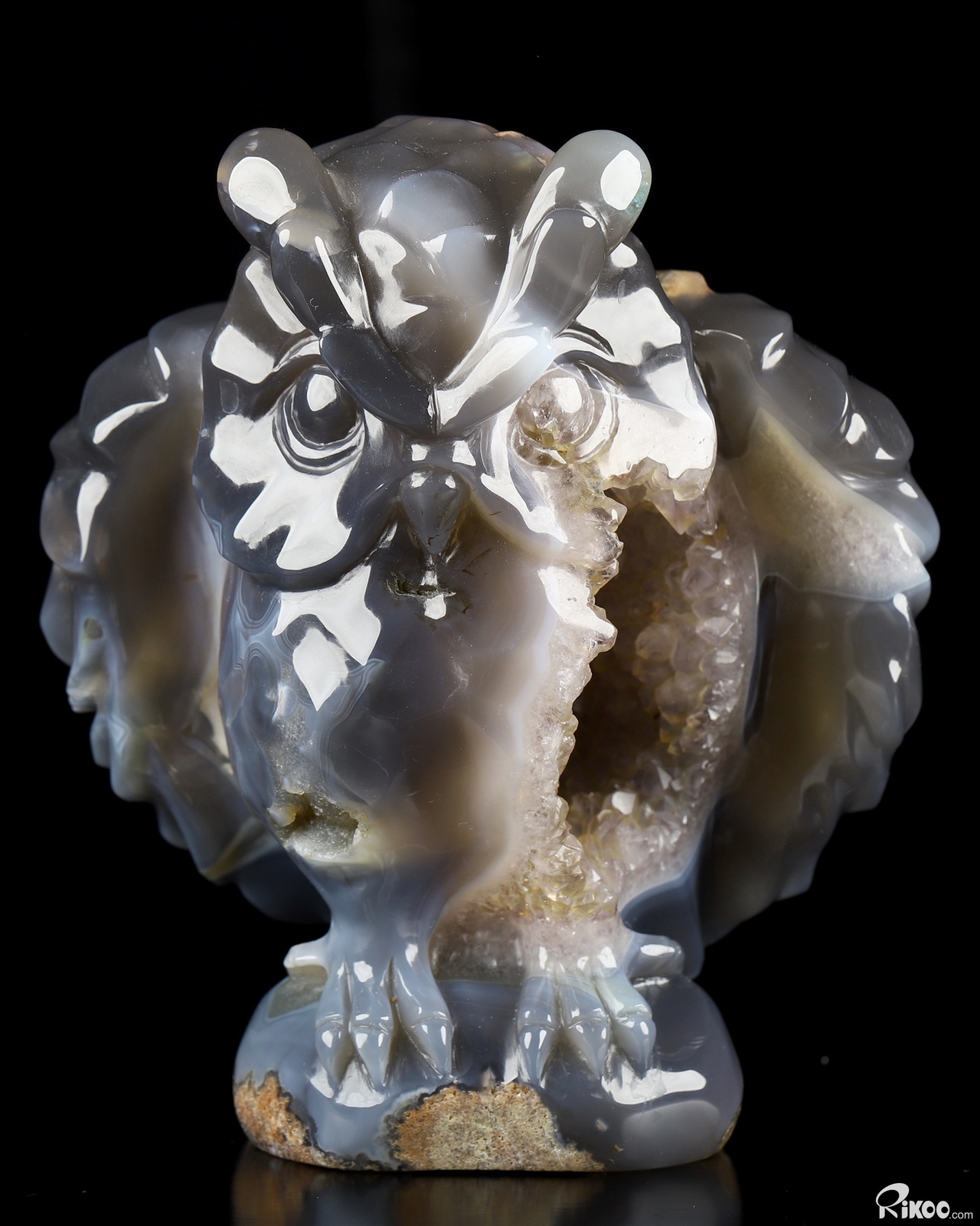 5.6″ Agate Geode Hand Carved Crystal Owl Sculpture, Crystal Healing