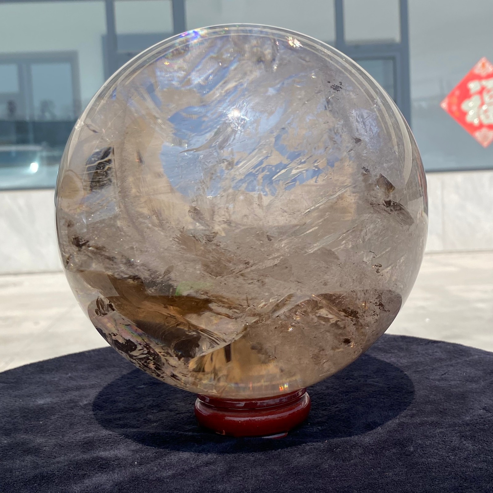 23LB Natural Rainbow Green Ghost Quartz Sphere Energy Crystal Ball Reiki +Stand