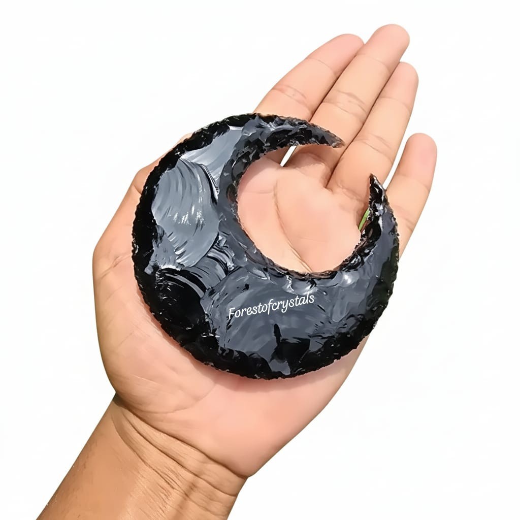 Large Obsidian Crescent Moon 100mm, Black Crystal Carving, Scrying Moon Stone