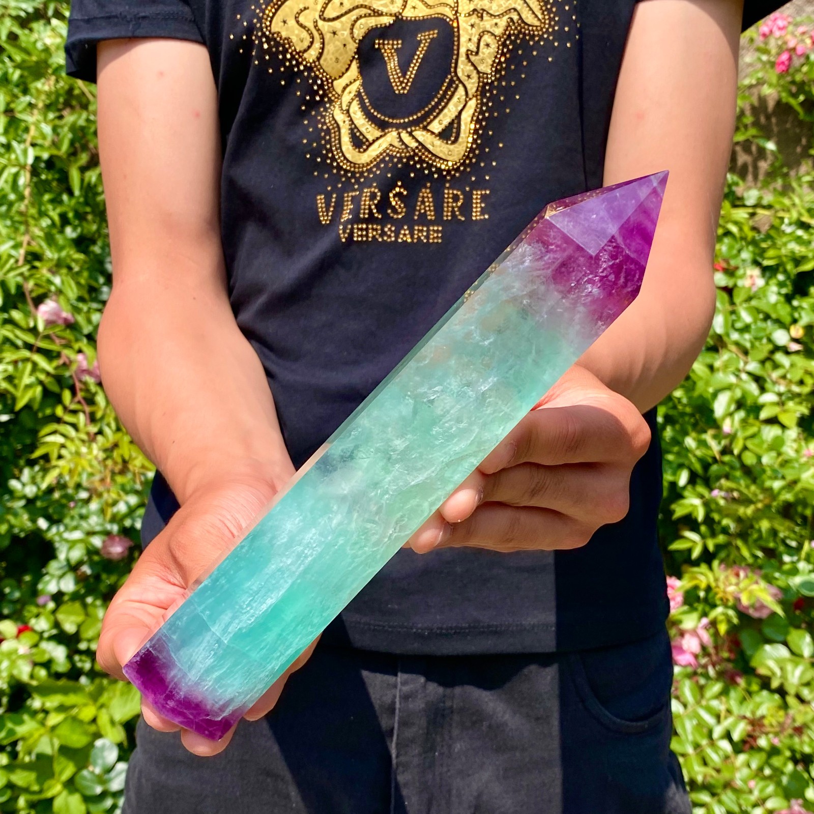 2.15LB Natural Rainbow Fluorite Column Quartz Crystal Rod Point Gemstone Healing