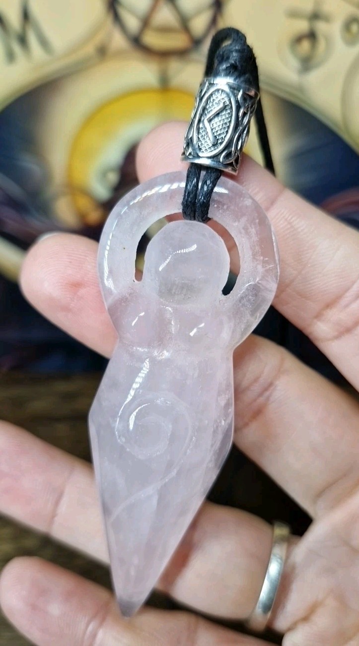 Handmade Rose Quartz Crystal Goddess & Kenaz Rune Bead On Long Cotton Cord