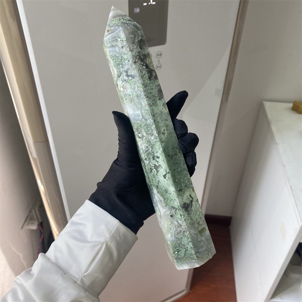 1.8LB 9.9″Natural A+Geode Moss Agate Obelisk Crystal Tower Quartz Reiki Decor