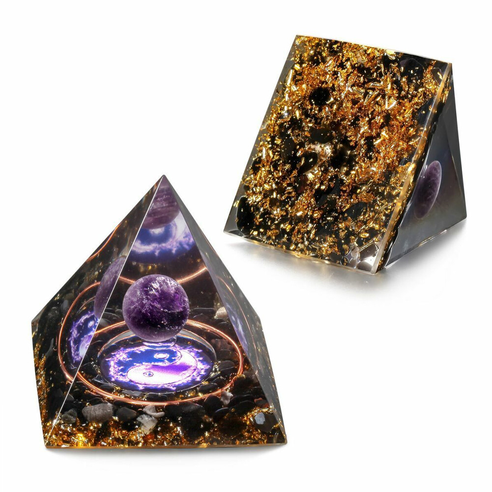 2Pc Amethyst Crystal Sphere Orgonite Pyramid Obsidian Chakra Energy Orgone Stone