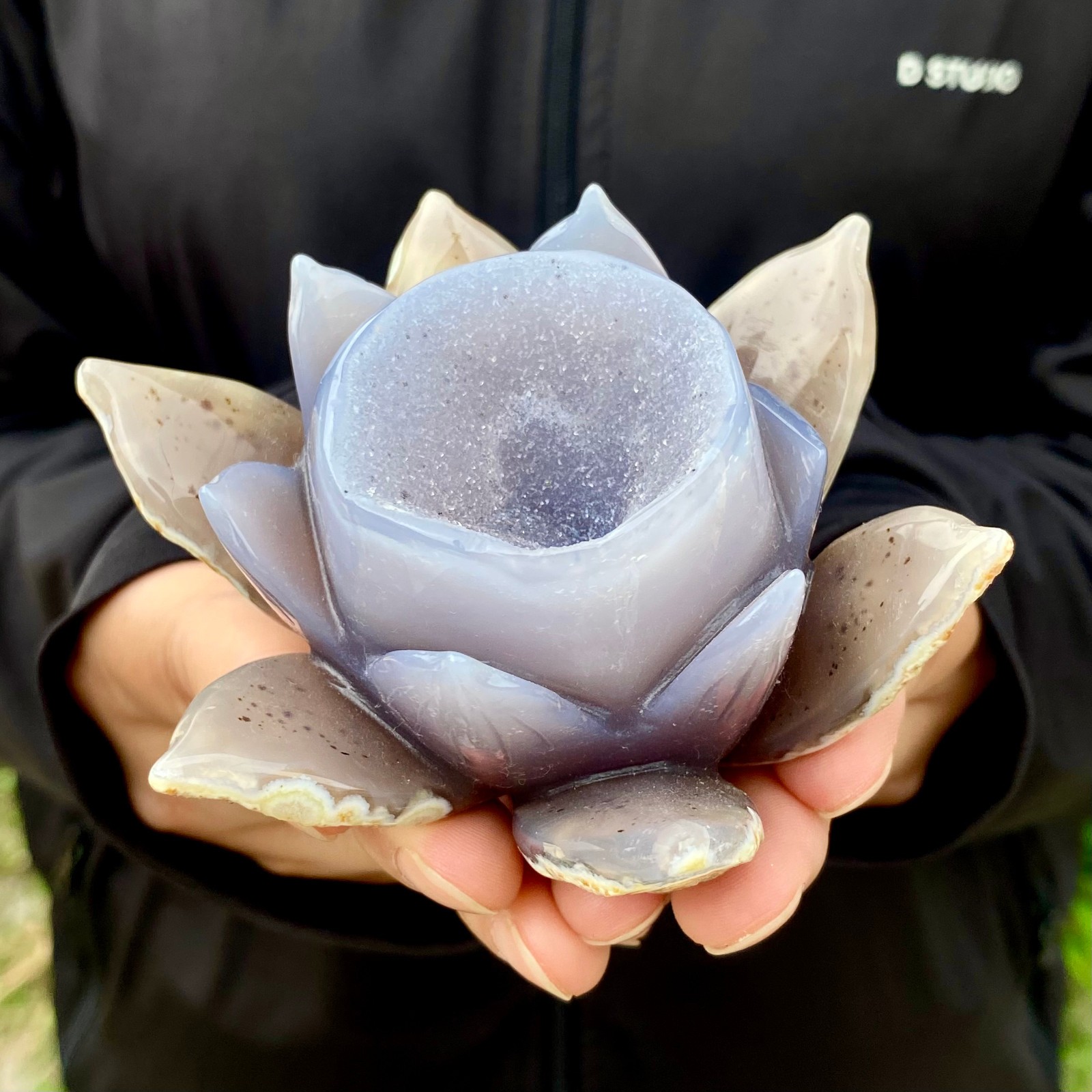 306G Natural Agate Geode Carved Lotus Flower, Hand Carved Healing Crystal Home