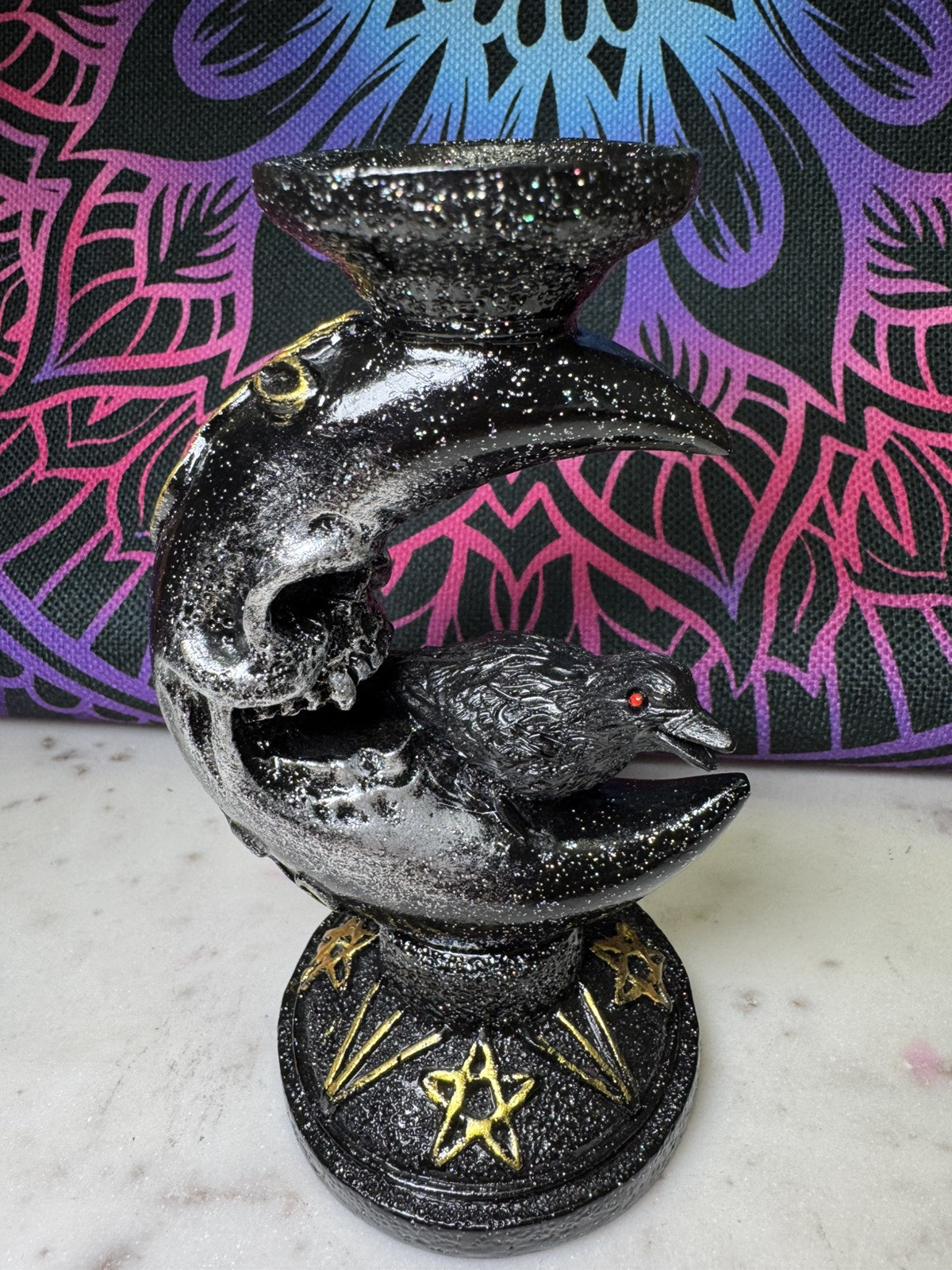 Resin Moon Skull Sphere Holder/Stand With Raven 5.5”
