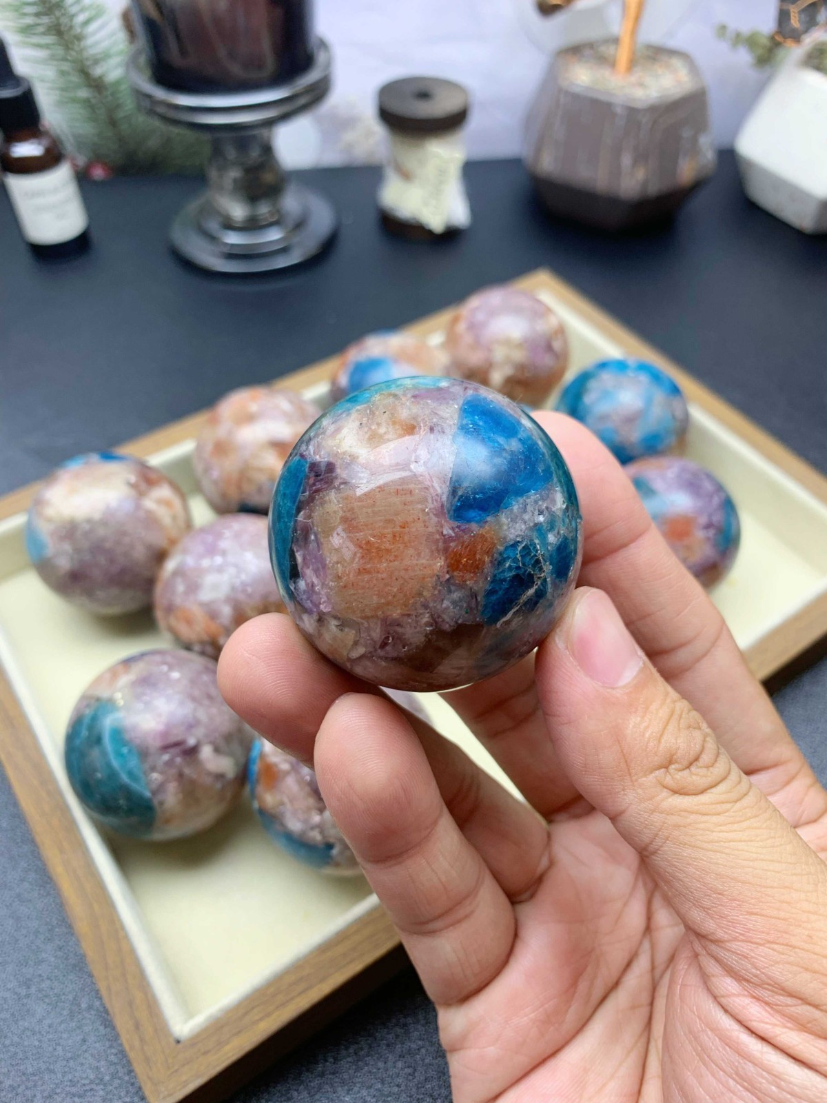 Composite Crystal Sphere 5cm, Apatite Sunstone Purple Mica with Wooden Stand