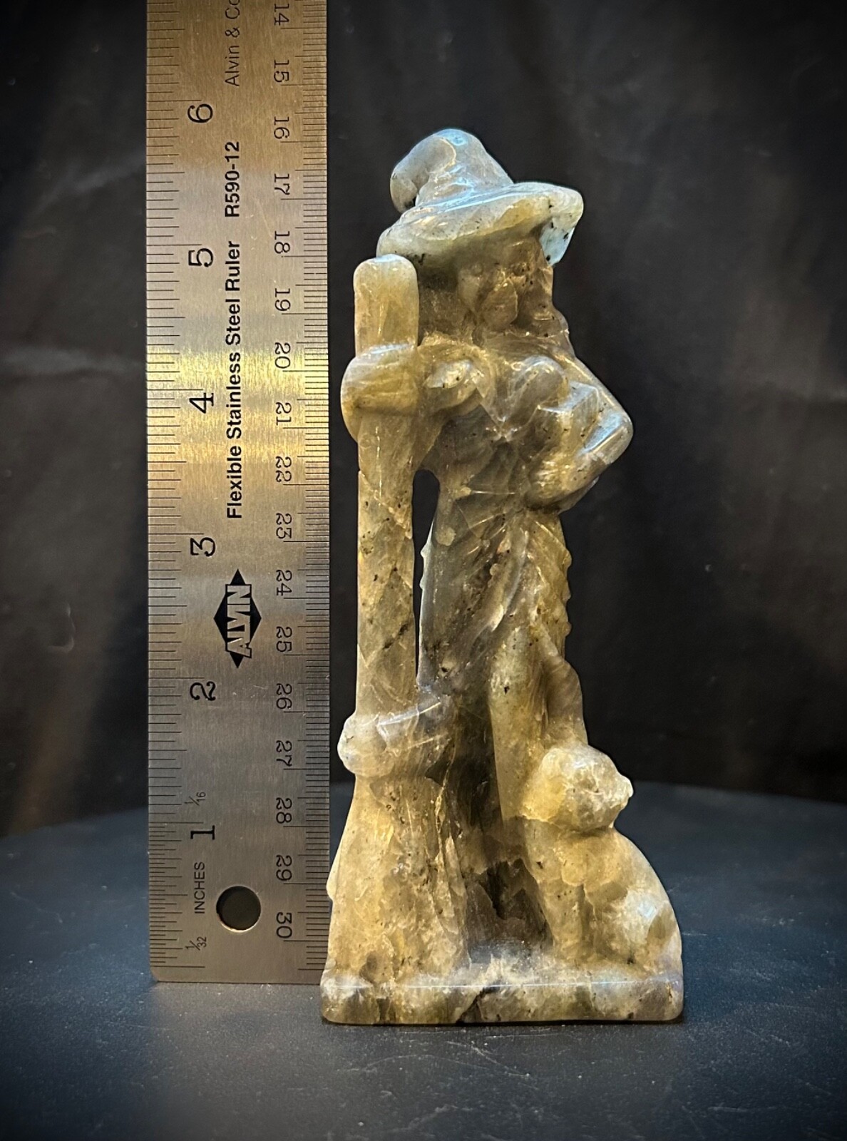 6″ Low Flash Gray Labradorite Witch, Broom, And Cat Carving 11.4oz