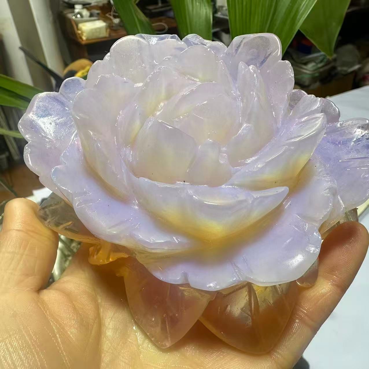 1pc Pink Opalite Stone Quartz Hand Carved Flower Reiki Healing Decor Gift