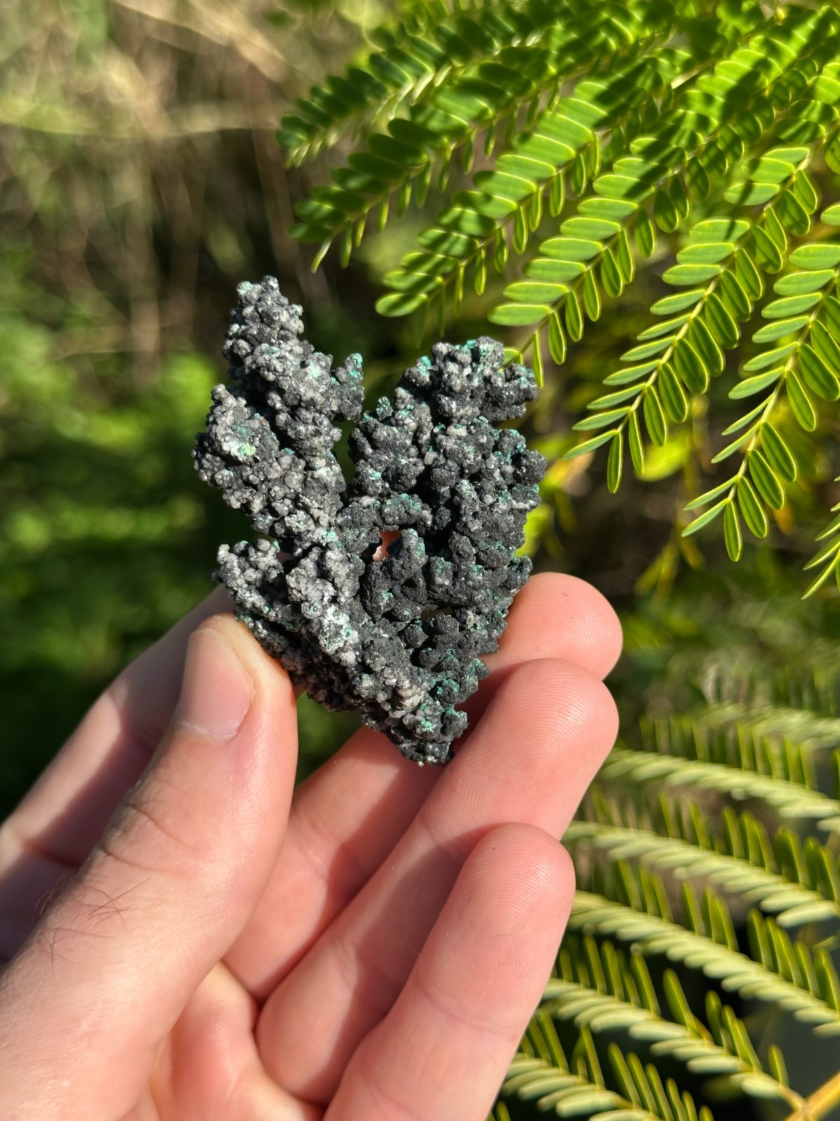 Malachite, Tenorite and Calcite over Native Copper, Mt Elliot, Qld, Australia.