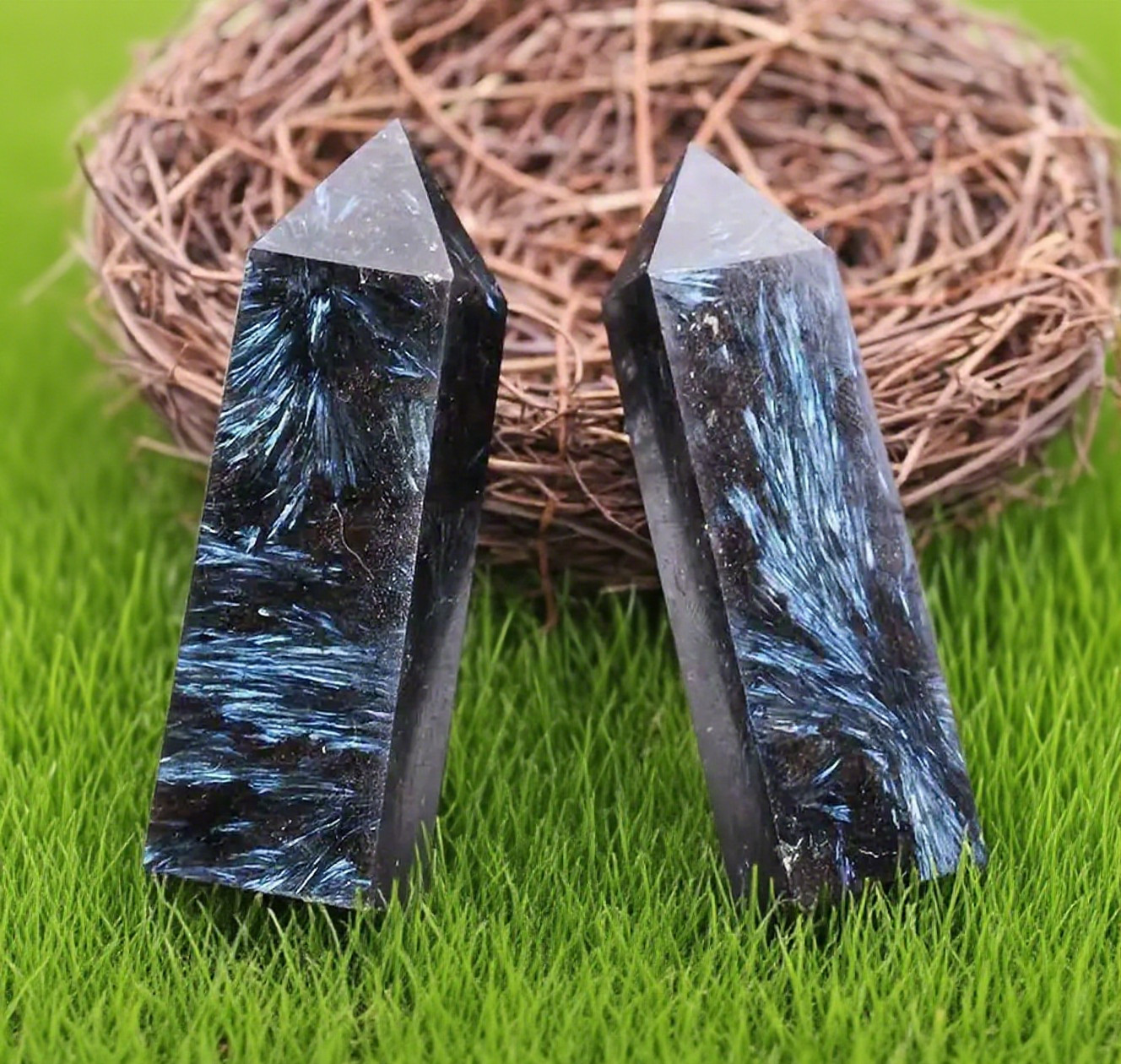 2Pcs Arfvedsonite Blue Flash Crystal Tower Point Wand Obelisk Firework Stone