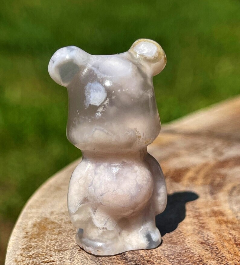 Natural Flower Agate Mini Bear Crystal Animal Carving, Pink Bear Figurine