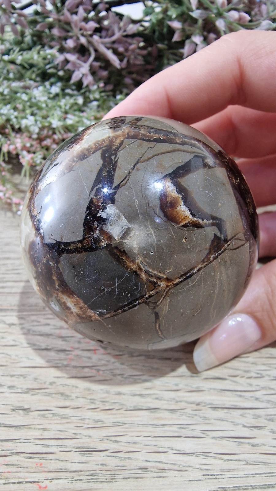 Septarian Dragon Crystal Sphere With UV Reaction 60mm 313g Free Stand