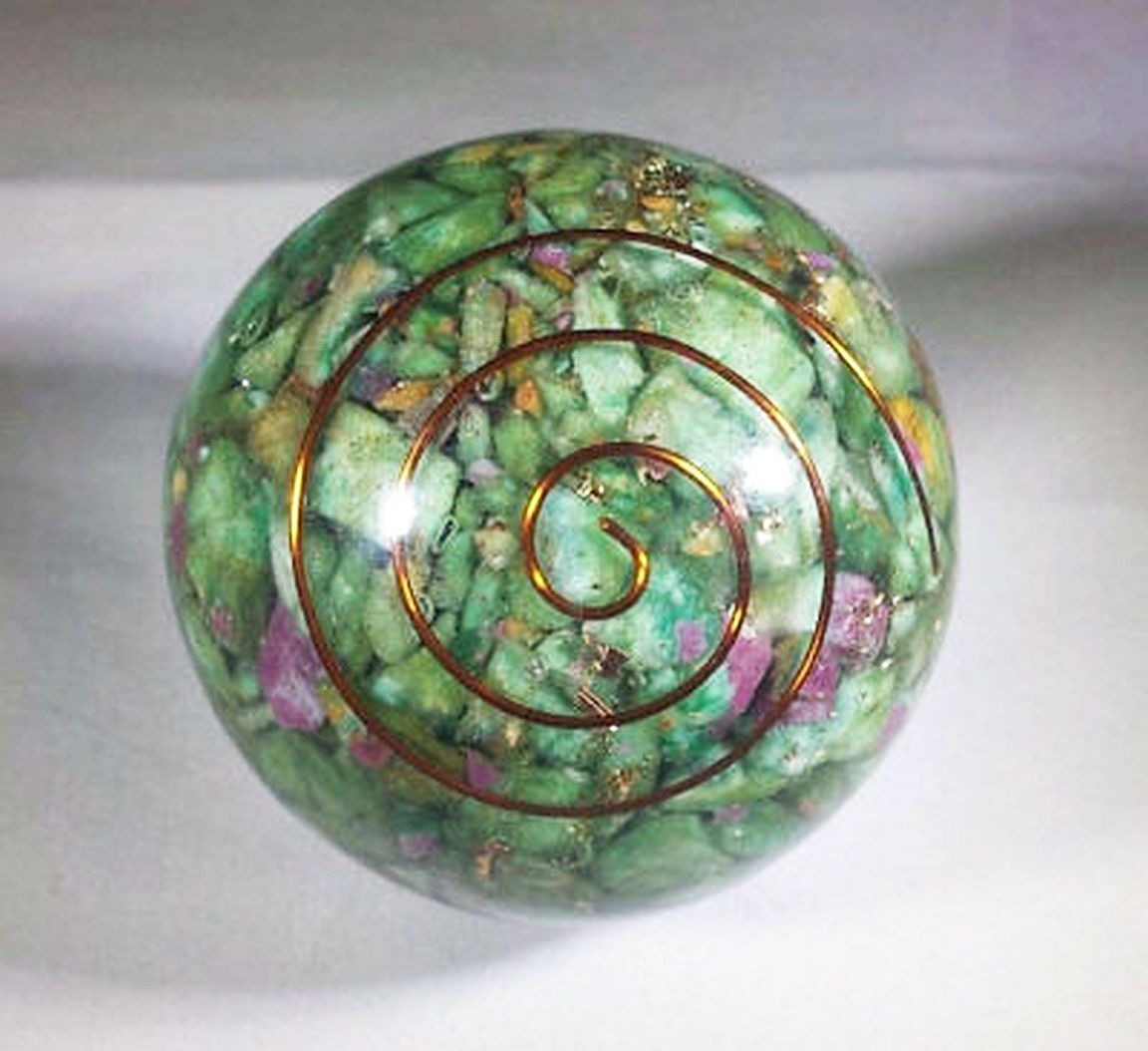 Rare ORGONE RUBY FUCHSITE CRYSTAL BALL, Large FUCHSITE SPHERE With COPPER COIL
