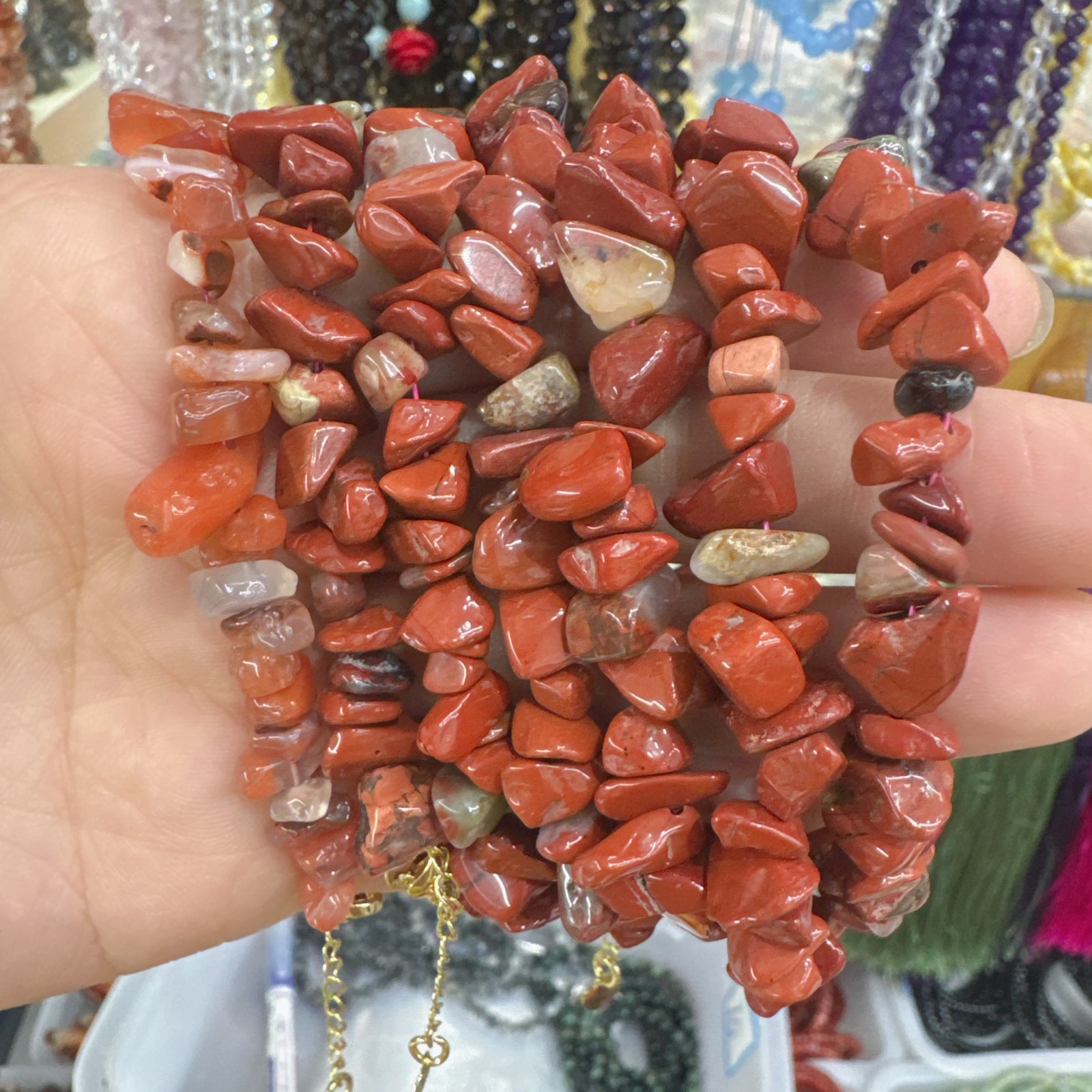 6 Pcs Natural Red Jasper Quartz Crystal Chip Bead Bracelet Chain Adjustable