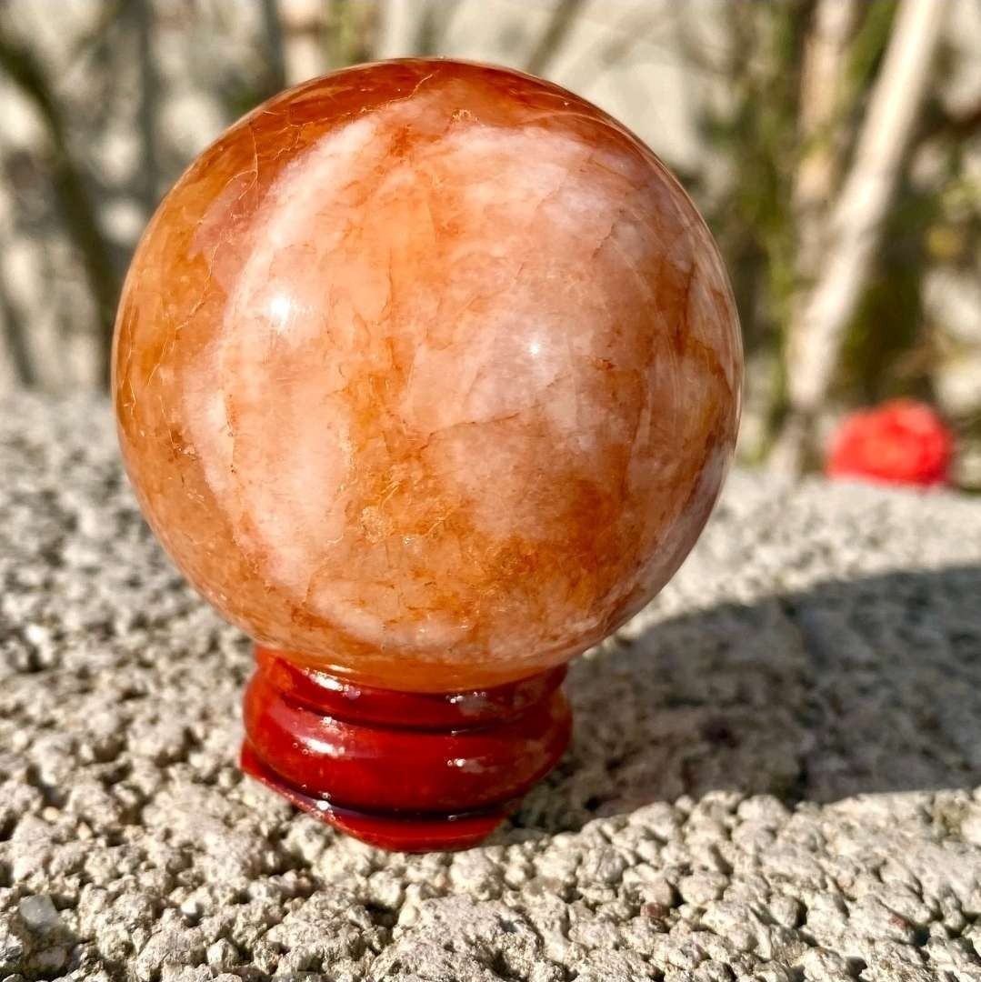 124G Natural Red Fire Quartz Crystal Stone Sphere 44mm With Stand