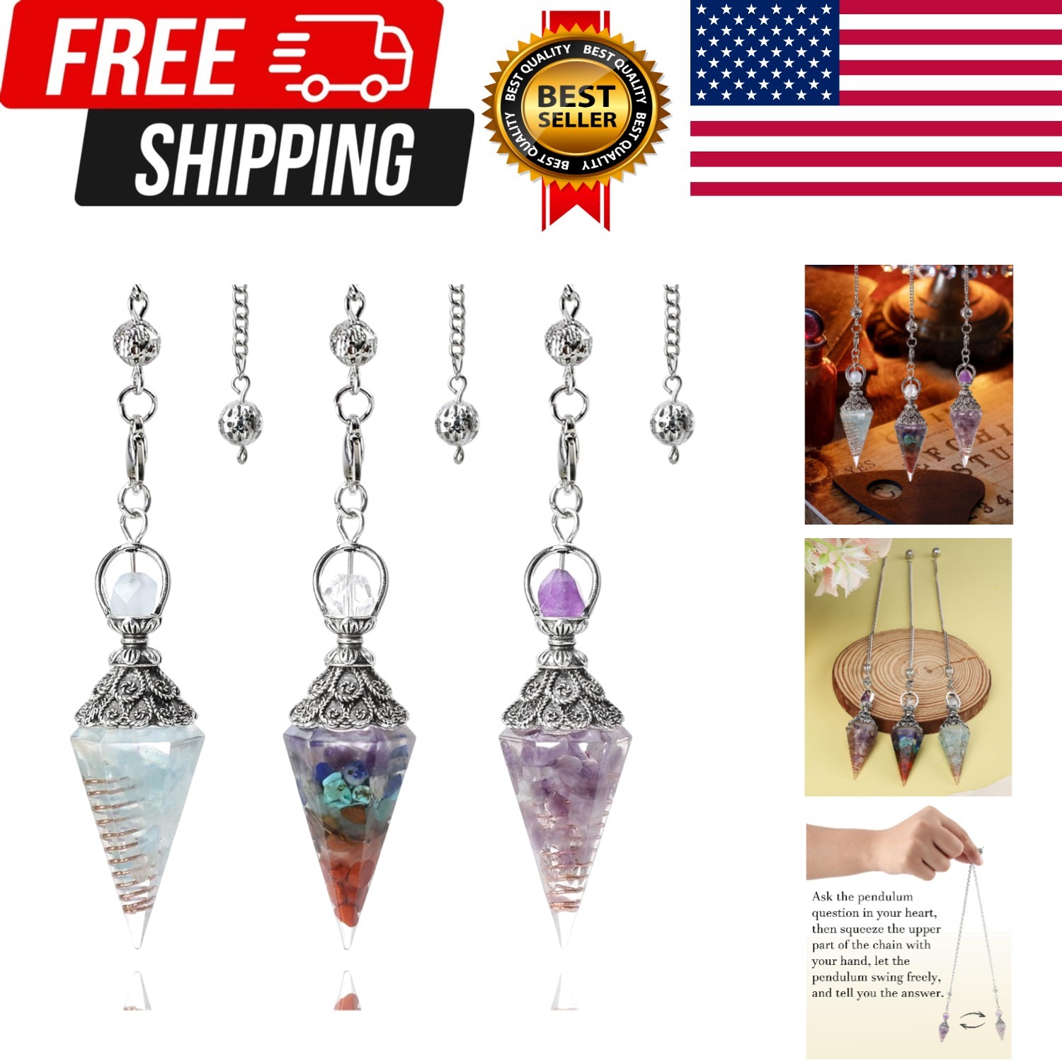3 PCS Pendulum Crystal for Divination – Amethyst Rainbow Stone Aquamarine Crysta