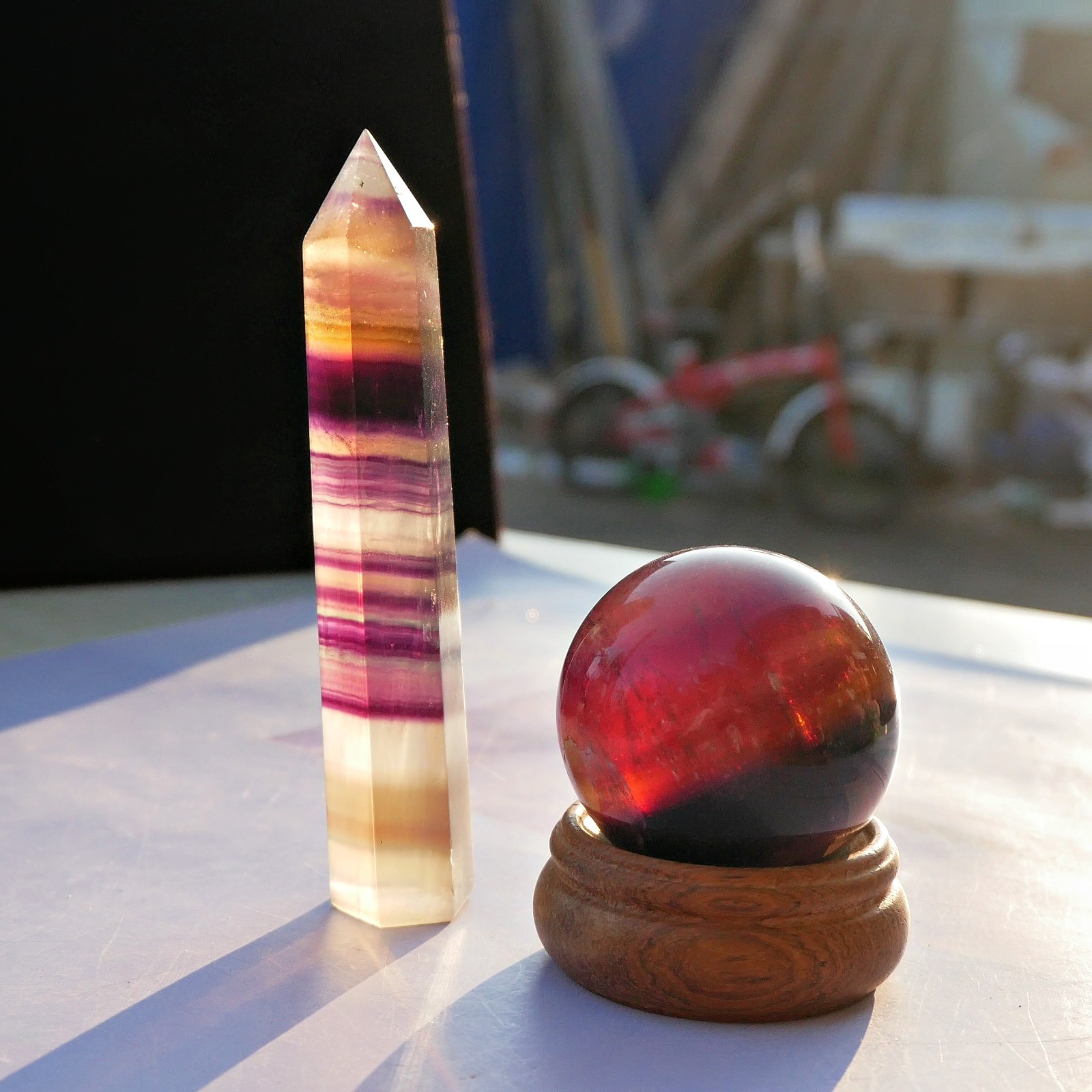 2PCS Natural Rainbow Fluorite Healing Crystal Sphere And Tower Reiki Energy Gift
