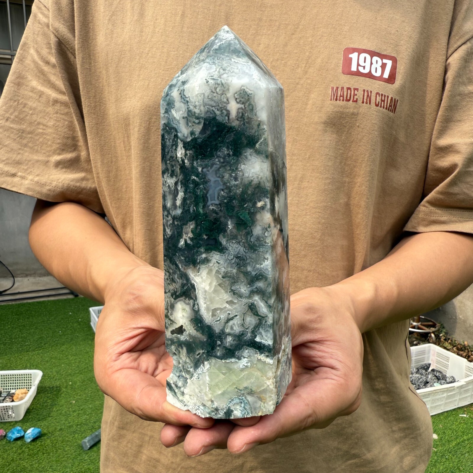 1000g Natural Gorgeous Moss Agate Tower Point Mineral Crystal